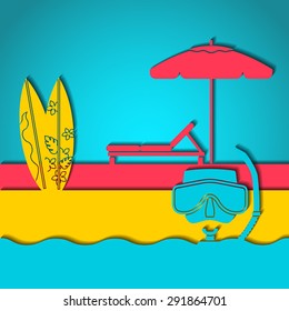 Vector Illustration of outline Summer Holyday Concept for Design, Website, Background, Banner. Silhouette Vacation  Element Template on Pink, Blue, Yellow Beach Resort