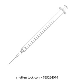 Vector illustration outline thin line syringe with vaccine isolated on white background. Vaccination, medical equipment. Syringe icon