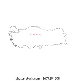 Vector illustration of outline Turkey map with capital city Ankara. 
