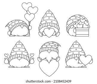 Vector Illustration, Outline Valentine Cute Gnome with a heart on white background