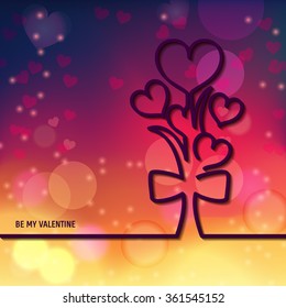 Vector Illustration of Outline Valentines day for Design, Website, Background, Banner. Heart Silhouette wings for greeting card or Premium flyer. Shiny Pink, yellow and red hearts and flowers