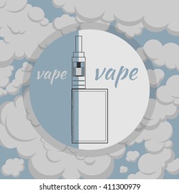 Vector illustration of outline vape. Isolated device with vapor cloud in the background
