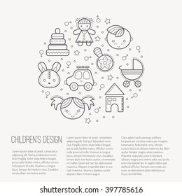 Vector illustration with outlined children's icons forming a circle. Black and white color palette. Lovely design layout for babies