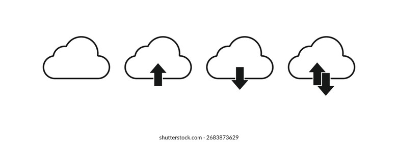 Vector illustration of outlined cloud icons representing data upload, download, and sync. Perfect for cloud storage, networking, and technology concepts