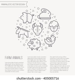Vector illustration with outlined farm animals signs forming a circle. Black and white color palette. Cute design layout for business