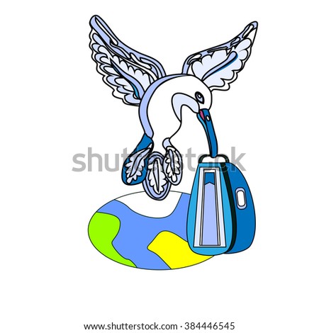 a vector illustration of an outlined flying bird with a suitcase at the top of the planet Earth