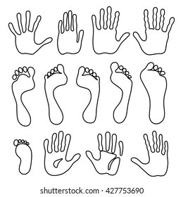 Vector illustration outlined generation hand and foot prints isolated on white background. Created in Adobe Illustrator. EPS 8.