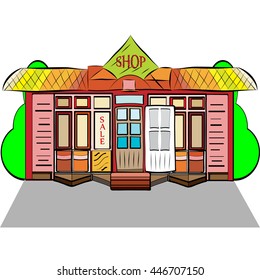 vector illustration of a outlined, hand drawn shop banner in flat design style