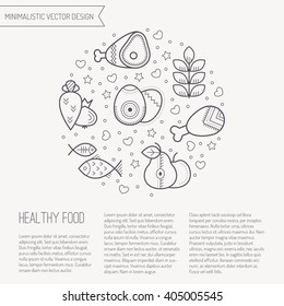 Vector illustration with outlined healthy food signs forming a circle. Black and white color palette. Cute design layout for business