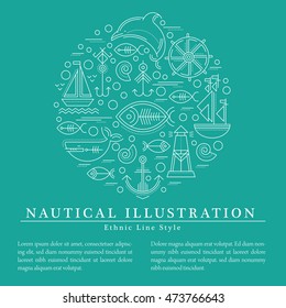 Vector illustration with outlined nautical signs and marine animals forming a circle. Minimalistic design layout for business