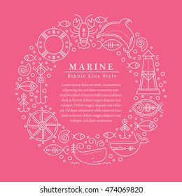 Vector illustration with outlined nautical signs and marine animals forming a ring. Minimalistic design layout for business