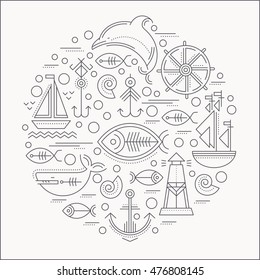 Vector illustration with outlined nautical signs and marine animals forming a circle. Black and white color palette. Minimalistic design layout for business