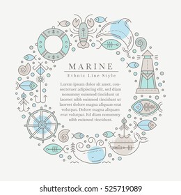 Vector illustration with outlined nautical signs and marine animals forming a ring. Pastel blue and brown tints. Minimalistic design layout for business