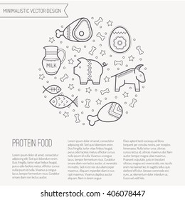 Vector illustration with outlined protein food signs forming a circle. Black and white. Cute design layout for business