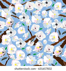 vector illustration of outlined sakura, cherry tree flowers, leaves and branches, seamless pattern