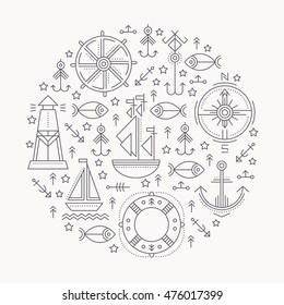 Vector illustration with outlined seafaring and nautical signs forming a circle. Black and white color palette. Minimalistic design layout for business