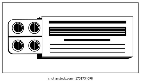 Vector illustration with outlines of blister with pills in a box. Stylized drawing for your web site design, logo, app, UI. Isolated stock illustration on white background.