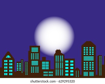 Vector illustration. The outlines of the city at night moon background