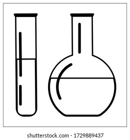 Vector illustration with outlines of laboratory apparatus with colorful solution. Stylized drawing for your web site design, logo, app, UI. Isolated stock illustration on white background.