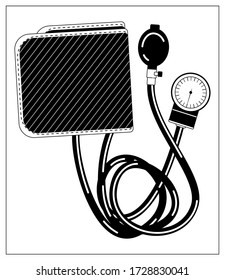 Vector Illustration mit Umrissen des medizinischen Tonometers zur Blutdruckmessung. Stilisierte Zeichnung für Ihr Webseitendesign, Logo, App, Benutzeroberfläche. Einzelne Abbildung auf weißem Hintergrund.