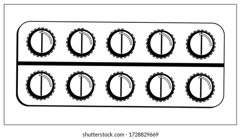 Vector illustration with outlines of packing blister with capsules and tablets. Stylized drawing for your web site design, logo, app, UI. Isolated stock illustration on white background.