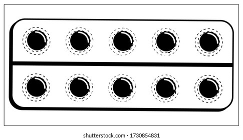 Vector illustration with outlines of packing blister with capsules and tablets. Stylized drawing for your web site design, logo, app, UI. Isolated stock illustration on white background.
