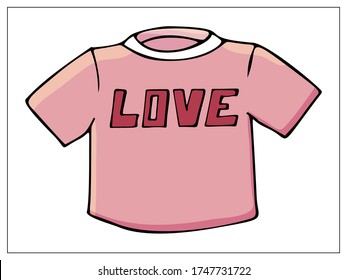 Vector illustration with outlines of pink womens T-shirt with letters LOVE. Stylized drawing for web site design, logo, icon, app, UI. Isolated stock illustration on white background. Cartoon style