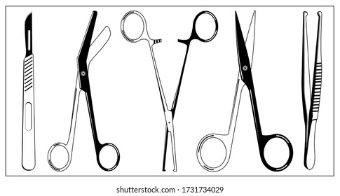 Vector illustration with outlines of Surgical Instrument. Scalpel, clamp, scissors, tweezers. Stylized drawing for your web site design, logo, app, UI. Isolated stock illustration on white background.