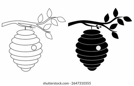 vector illustration of outline,silhouette,thin,line hanging beehives on branches tree.suitable for nature themes, honey labels, or eco friendly graphic elements.icon set.