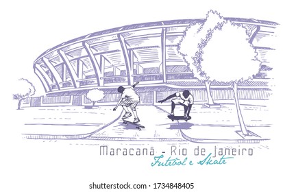 Vector illustration of the outside of the Maracanã football stadium in Rio de Janeiro, Brazil and two skateboarders in cartoon style.