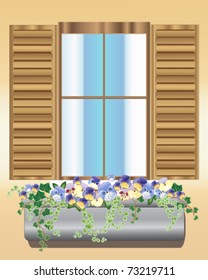 vector illustration of the outside of a window with wooden shutters and window-box full of flowering pansy plants in eps 10 format