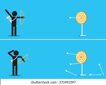 Vector illustration of outstanding man can hit target at center of dart by single arrow, contrast to another man with arrow missing the target.  
