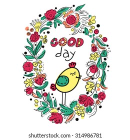 vector illustration, oval frame with flowers, berries and bird with place for your text