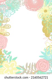 Vector illustration of a oval frame made of hand-drawn floral elements. An image for decoration of cards, invitations and interiors, baby shower, prints, textile, children, girl