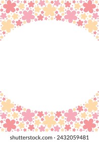 Vector illustration of Oval frame whose top and bottom are filled with cherry blossom silhouettes (pink, yellow, red)