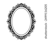 Vector illustration of Oval vintage frame, decorative border engraving, Victorian and baroque style design. Elegant royal style frame shape with swirls, filigree, floral. For label, tag and invitation