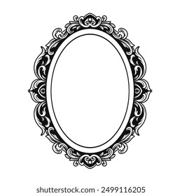 Vector illustration of Oval vintage frame, decorative border engraving, Victorian and baroque style design. Elegant royal style frame shape with swirls, filigree, floral. For label, tag and invitation