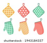 Vector illustration of oven mitt. A set of colored kitchen accessories with patterns. Isolated on white background.

