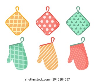 Ilustración vectorial del mitt de horno. Un conjunto de accesorios de cocina de colores con patrones. Aislado sobre fondo blanco.
