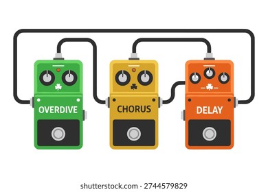 Vector illustration of overdrive chorus and delay stompboxes for electric guitar connected by patch cables on white