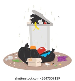 Ilustração vetorial de um caixote de lixo transbordante com sacos de lixo, restos de alimentos e resíduos espalhados ao redor. Símbolo de poluição, saneamento deficiente e questões ambientais. Estilo isolado plano.