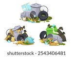 Vector illustration of overflowing trash bins and garbage piles. Vector illustration