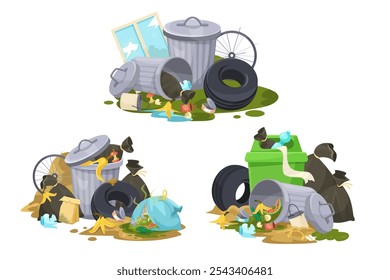 Vector illustration of overflowing trash bins and garbage piles. Vector illustration