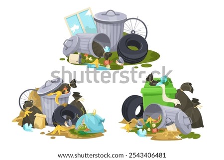 Vector illustration of overflowing trash bins and garbage piles. Vector illustration