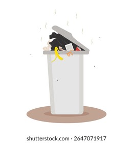 Vector illustration of an overflowing trash can filled with garbage, food waste, and a black trash bag. Flies and bad smell lines indicate poor hygiene and the need for proper waste management.