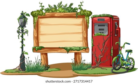 Vector illustration of overgrown gas pump, wooden sign, old bicycle, and lamp post, vibrant colors