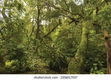 Vector illustration of an overgrown part of the garden. Beautiful green natural background. Tree branches reaching down to the ground. Tree trunk covered with moss. Jungle, lichen, unkempt garden.