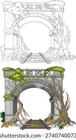 Vector illustration of overgrown stone railway bridge with twisted roots, moss, foliage, and broken tracks