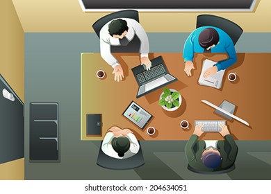 A vector illustration of overhead view of business meeting