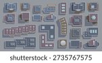Vector illustration of an overhead view of different types of roofs of modern buildings. Top view to create an architectural plan of a district, city, village. View from above. Aerial